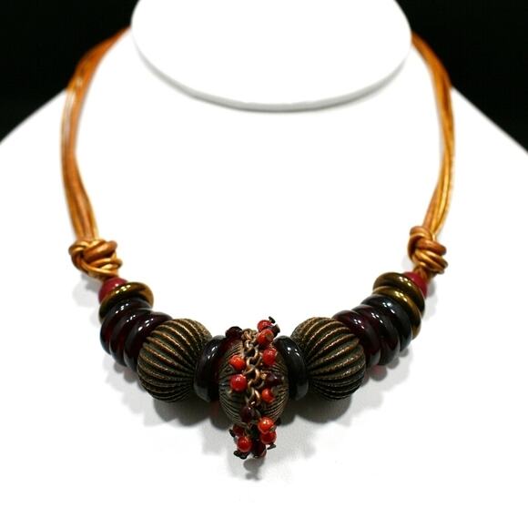 Chico’s Copper Leather Necklace Red Brown Beads Fringe Detail 5 Strands - Picture 5 of 9